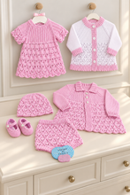 Load image into Gallery viewer, Pink and white knitted baby garments and accessories shown together for the Ruby-Anne, Raven and Raya pattern bundle
