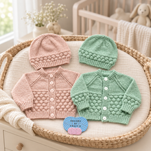 Load image into Gallery viewer, Annabeth Baby Cardigan, Hat &amp; Booties Knitting Pattern | 16–20″ Chest